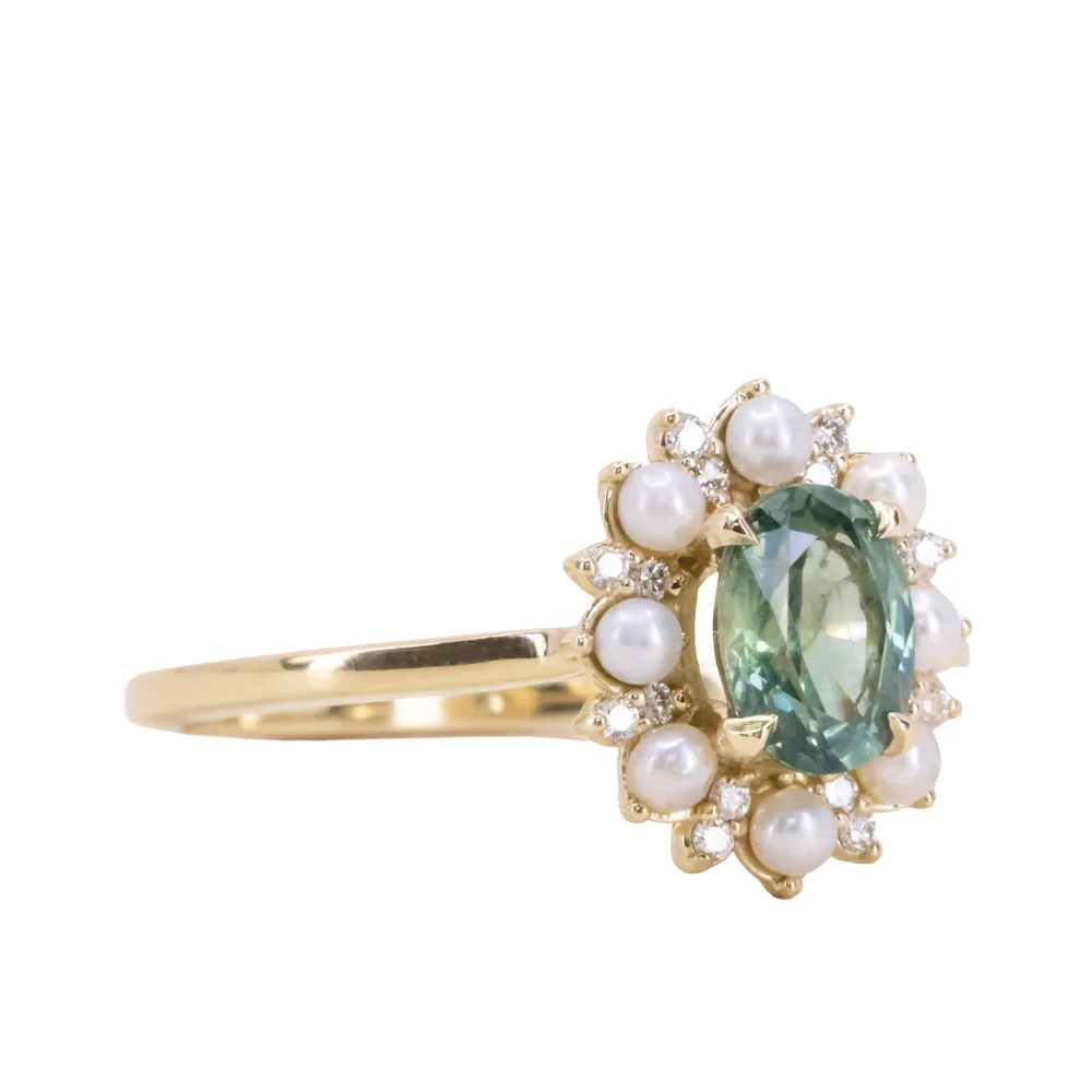 0.97ct Oval Teal Montana Sapphire Low Profile Diamond and Pearl Halo Ring in 14k Yellow Gold