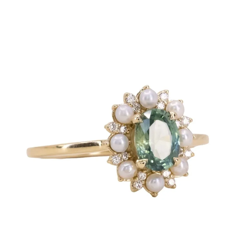 0.97ct Oval Teal Montana Sapphire Low Profile Diamond and Pearl Halo Ring in 14k Yellow Gold