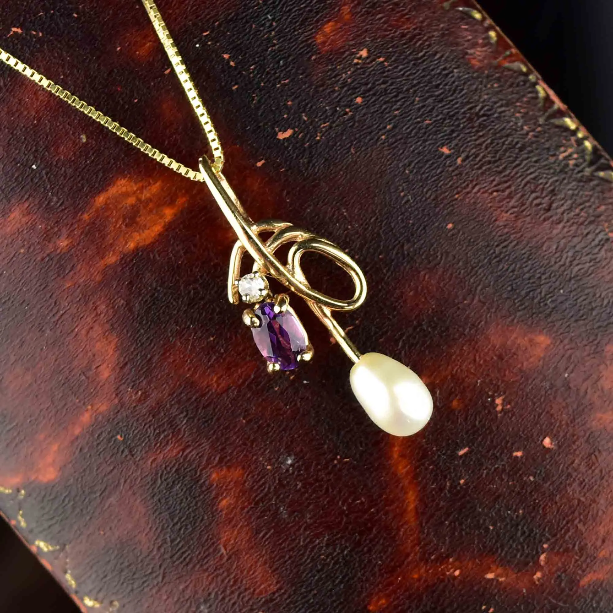 14K Gold Amethyst Diamond Pearl Pendant Necklace