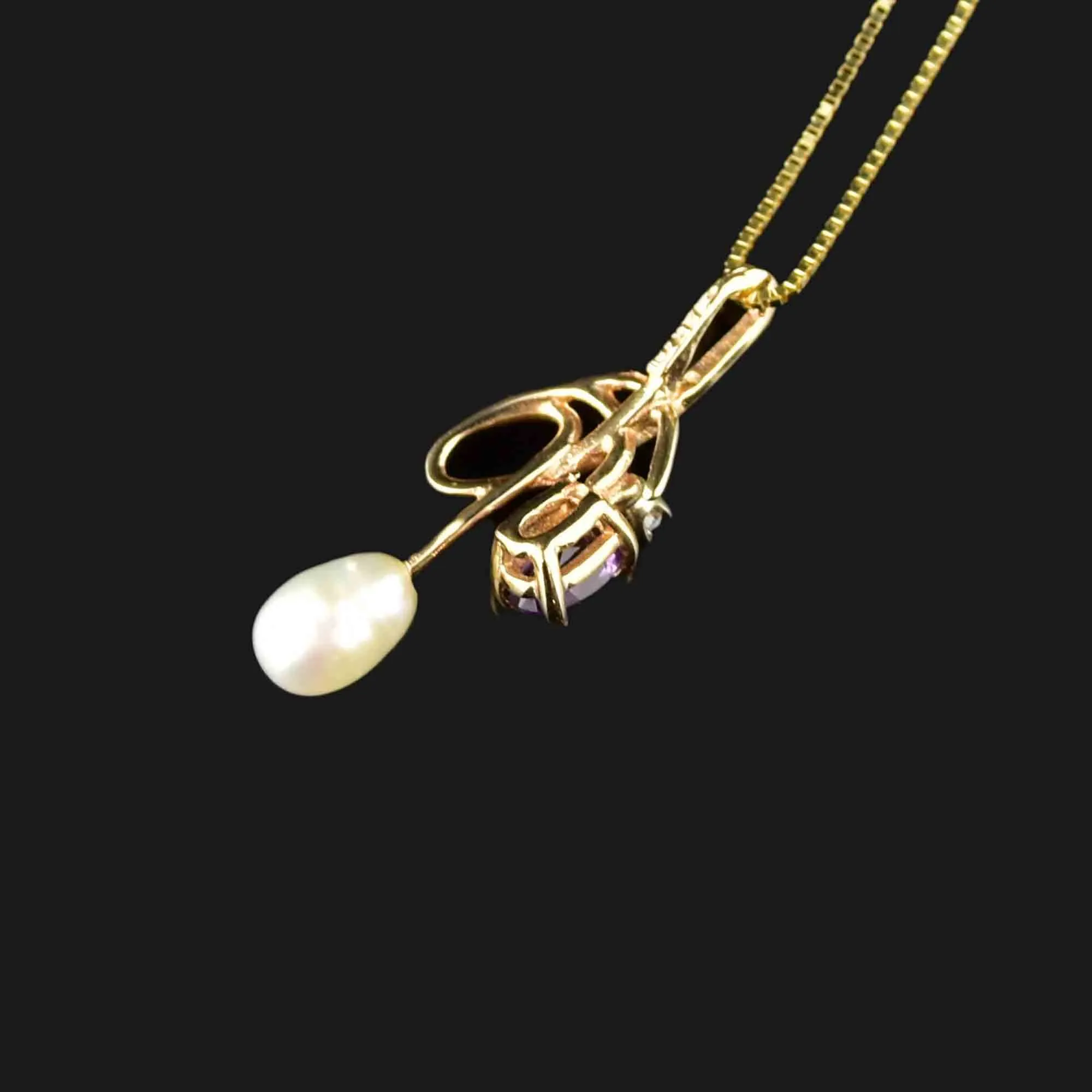 14K Gold Amethyst Diamond Pearl Pendant Necklace