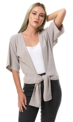 56986 Ribbed Casual Cardigan With Front Tie - Beige