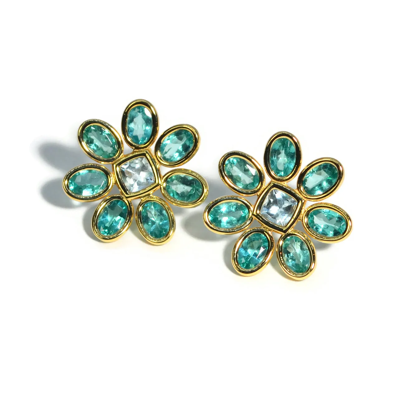 A & Furst - Fiori - Button Earrings with Paraiba Color Apatite and Aquamarine, 18k Yellow Gold