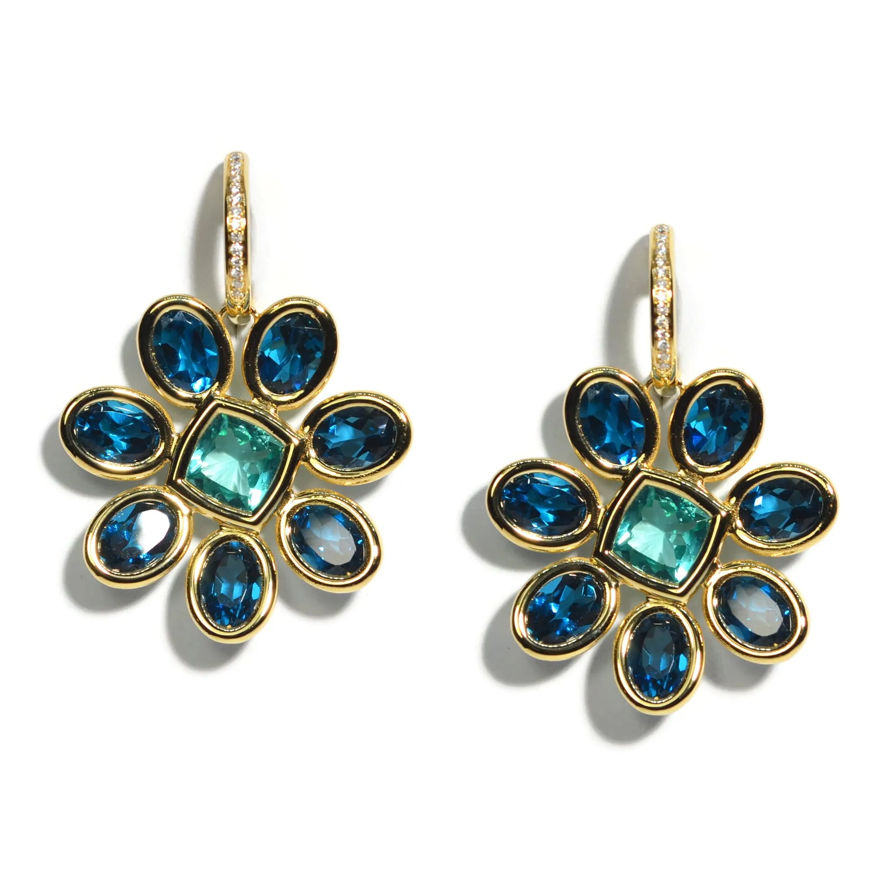 A & Furst - Fiori - Drop Earrings with London Blue Topaz, Paraiba color Apatite and Diamonds, 18k Yellow Gold