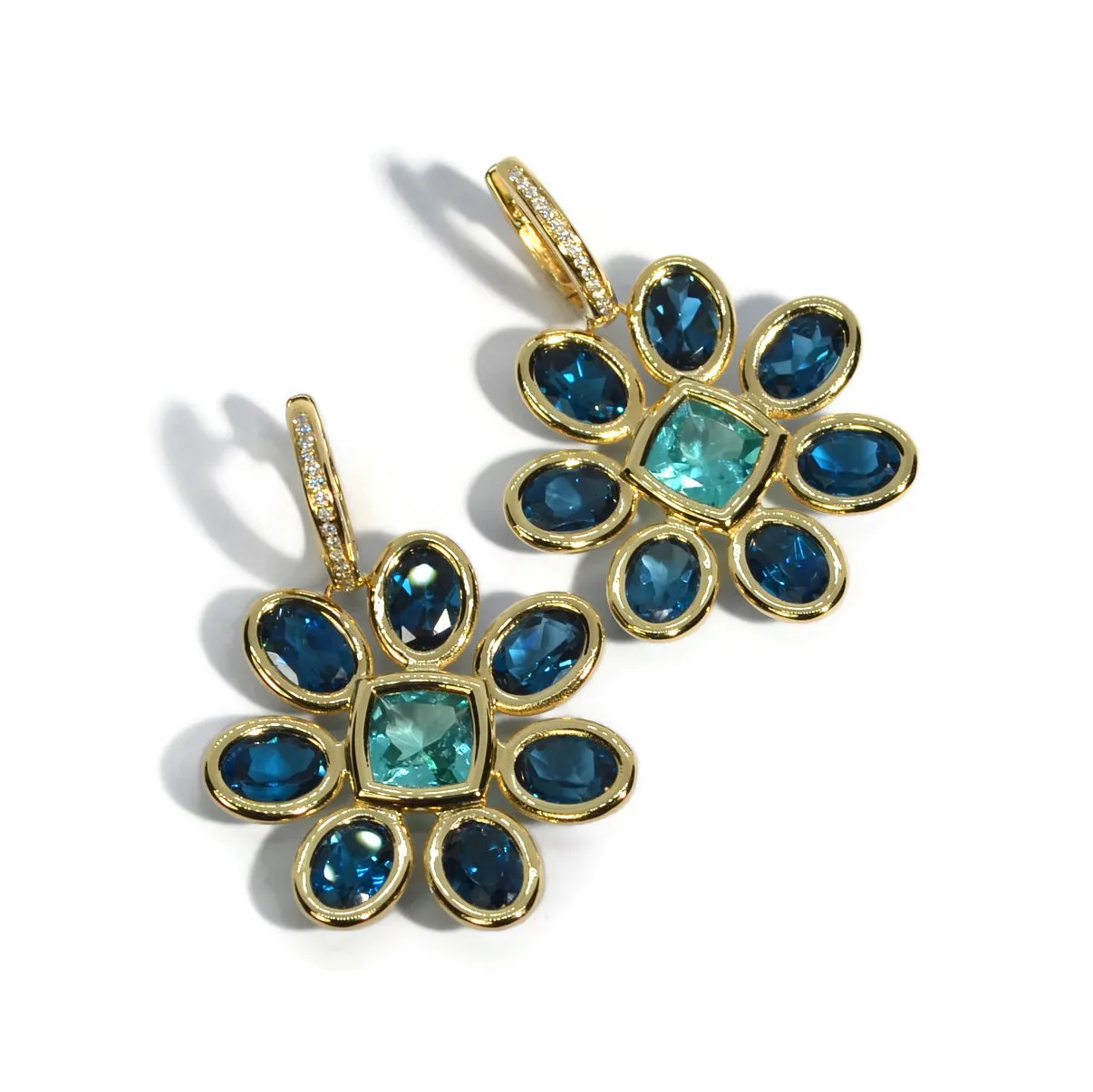 A & Furst - Fiori - Drop Earrings with London Blue Topaz, Paraiba color Apatite and Diamonds, 18k Yellow Gold