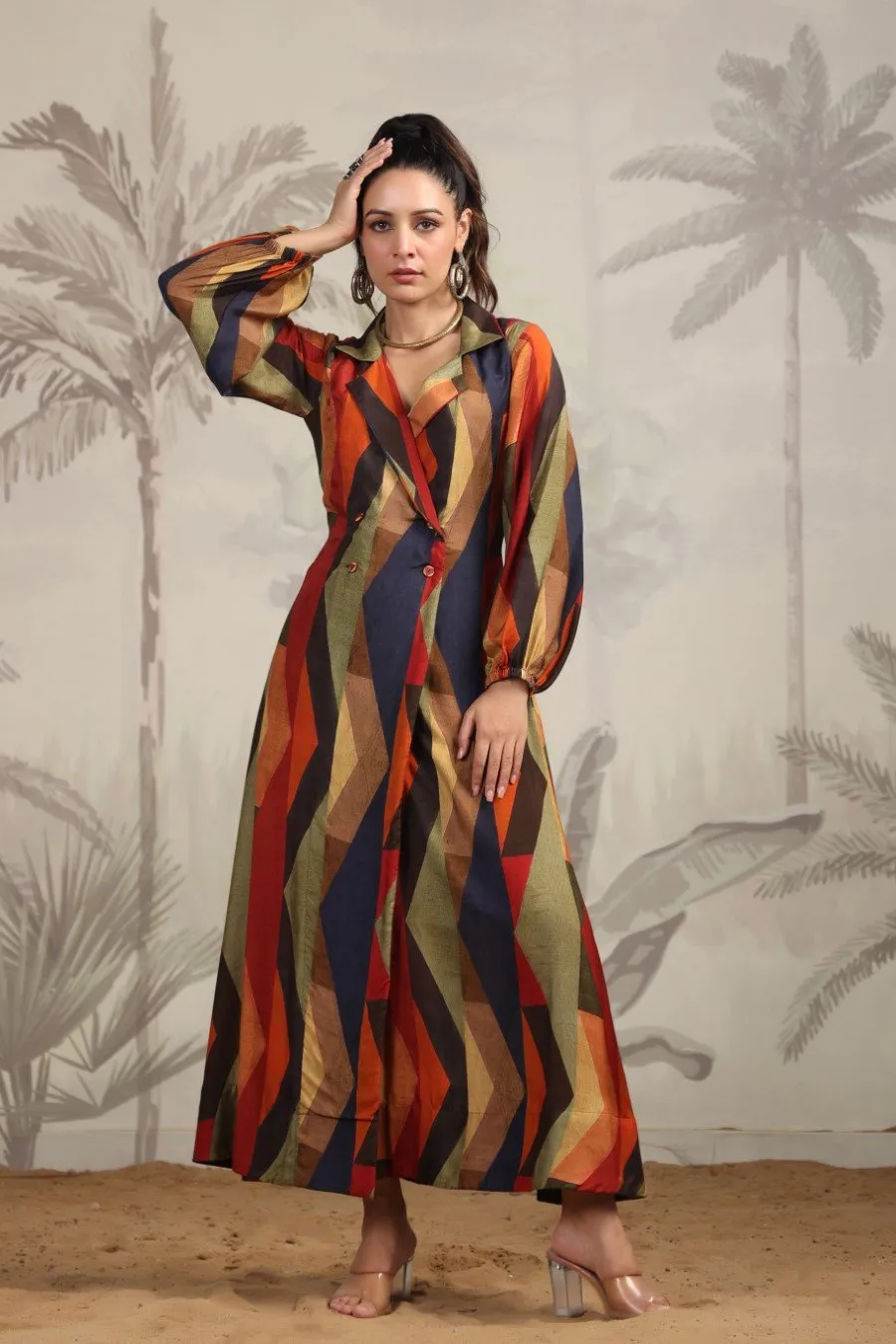 Abstract Printed A-Line Spanish Silk Dress