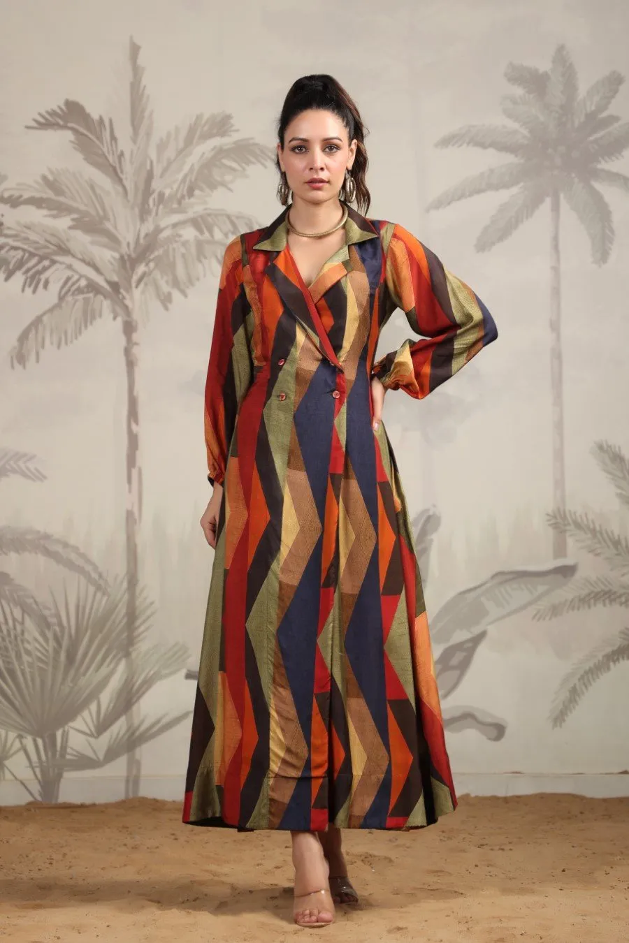 Abstract Printed A-Line Spanish Silk Dress