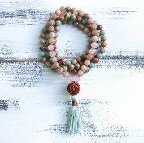 African Opal, Sunstone, Rose Quartz in 108 Beaded Necklace