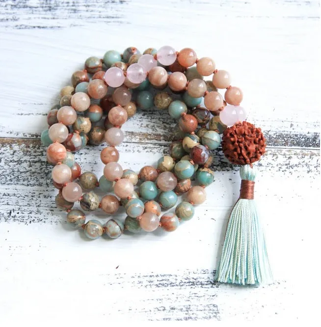 African Opal, Sunstone, Rose Quartz in 108 Beaded Necklace