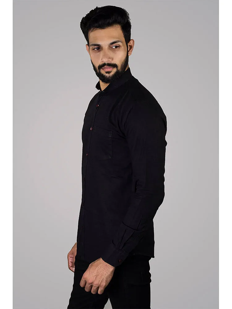 Black Formal Shirt - Black Solid Linen Formal Men Shirt