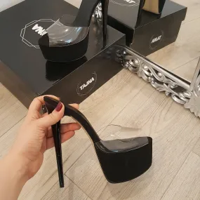 Black Transparent Strap Heel Platform Mules