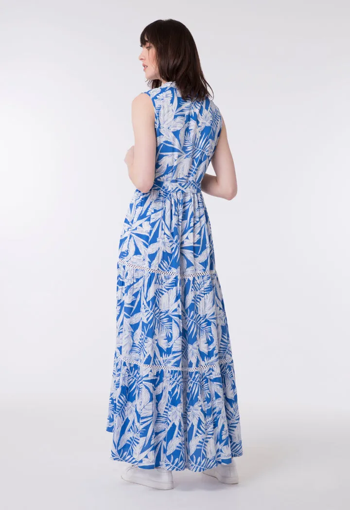 Blue Leaf Print Maxi Dress