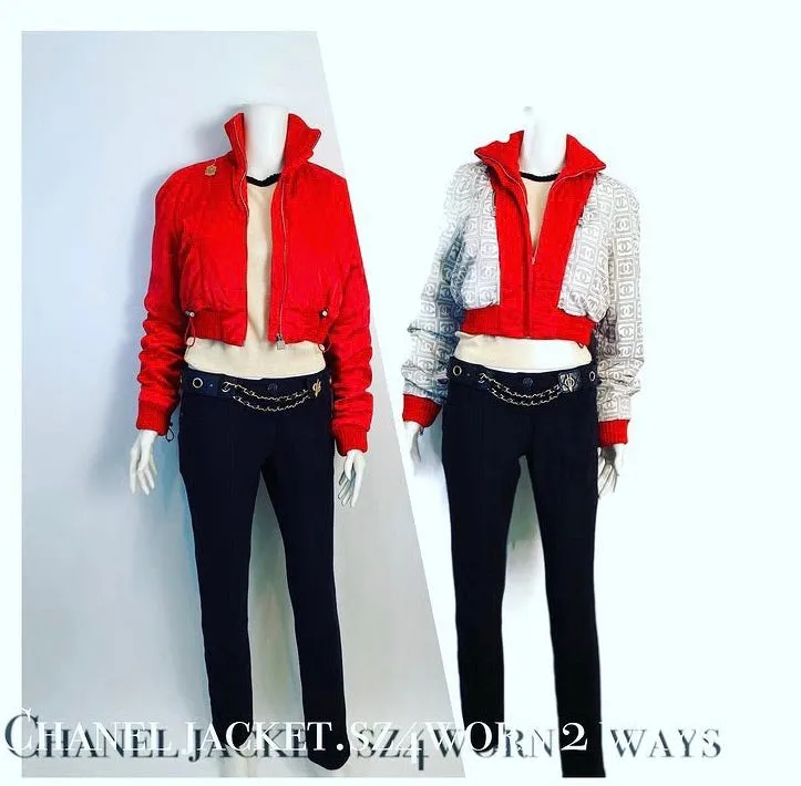 Chanel Identification 03A 2003 Fall Bomber Jacket Red Reversible CC Logo Sport Coat FR 38