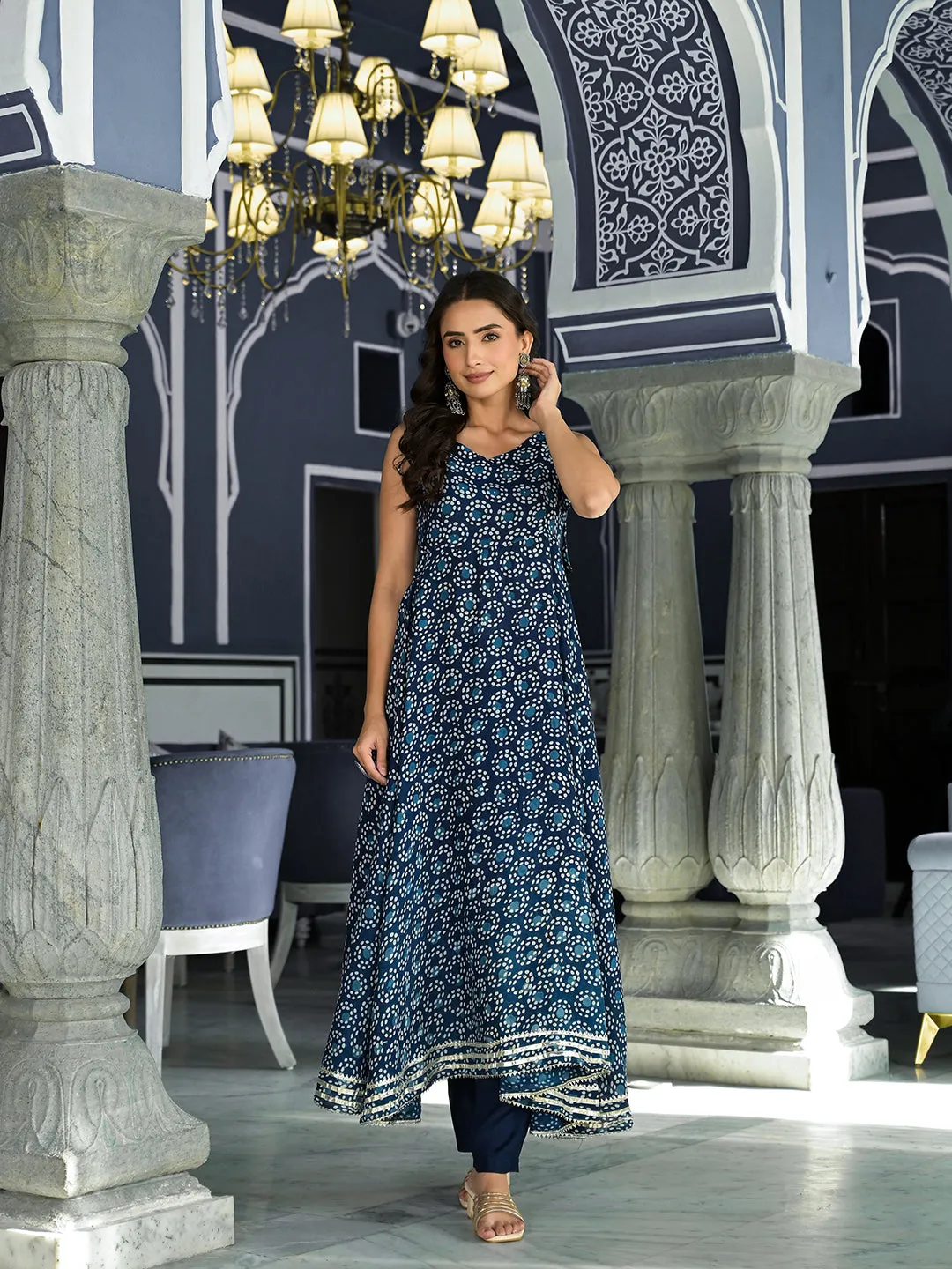 Divena Blue Printed Anarkali Muslin Shoulder Stripe Kurta Trouser with Dupatta Set