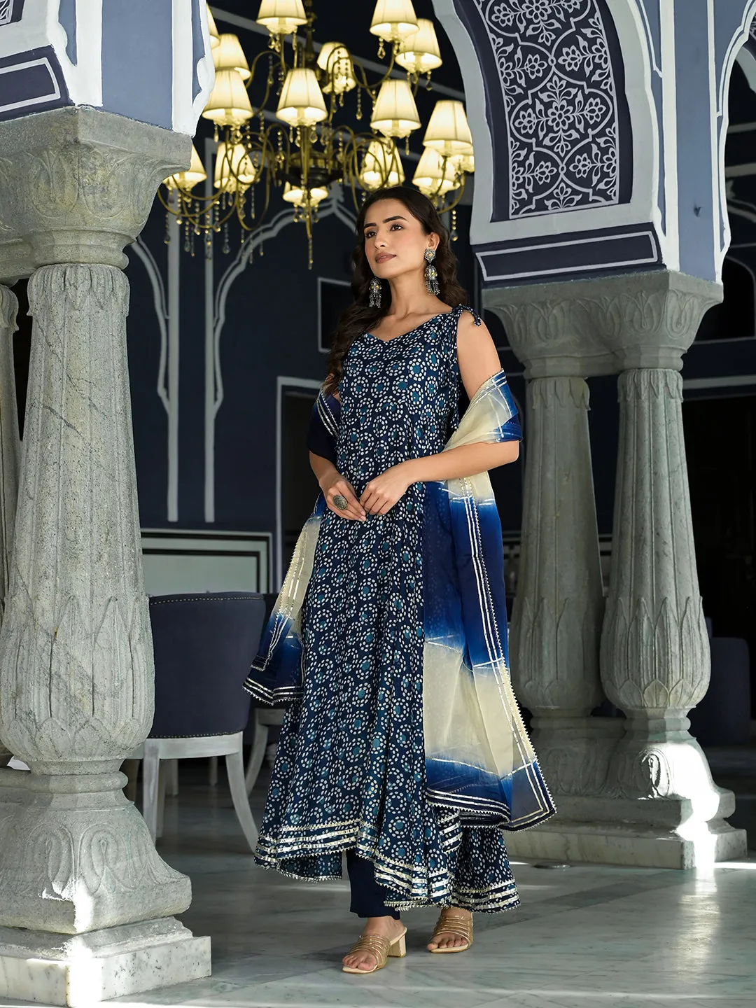 Divena Blue Printed Anarkali Muslin Shoulder Stripe Kurta Trouser with Dupatta Set