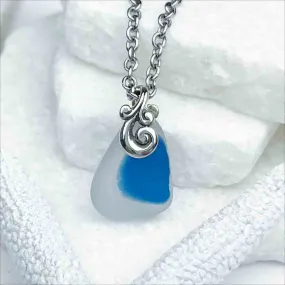 Drop of Blue English Multi Sea Glass Pendant with Ocean Waves Bail | #1961