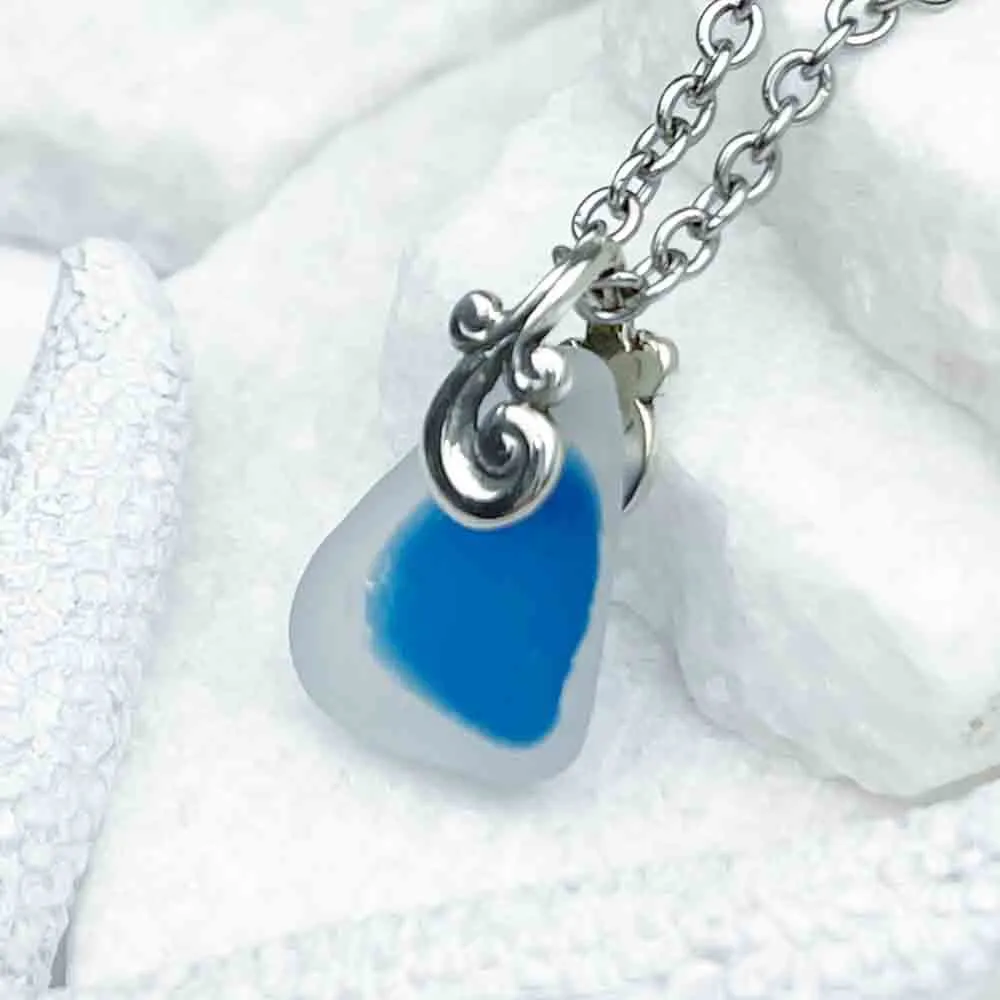 Drop of Blue English Multi Sea Glass Pendant with Ocean Waves Bail | #1961