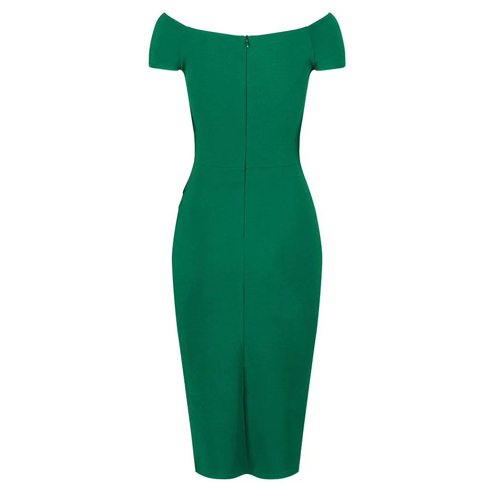 Emerald Green Cap Sleeve Crossover Top Bardot Wiggle Dress