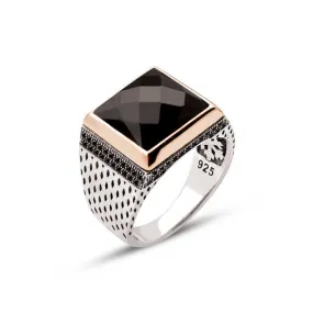 Facet Cut Black Zircon Stone Square Silver Men’s Ring Siding Zircons and Teardrop Pattern