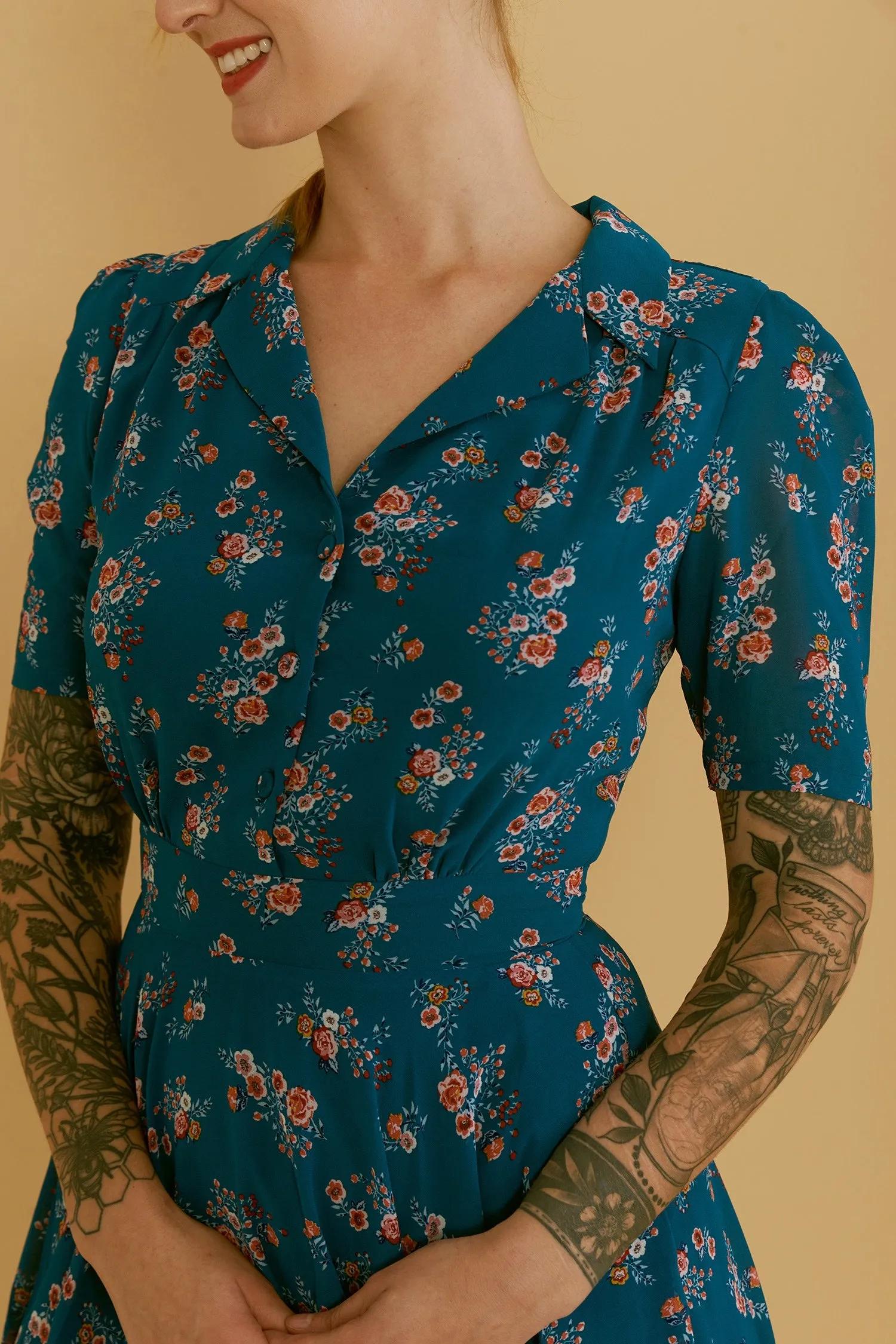 Farah Teal Floral Shirt Dress