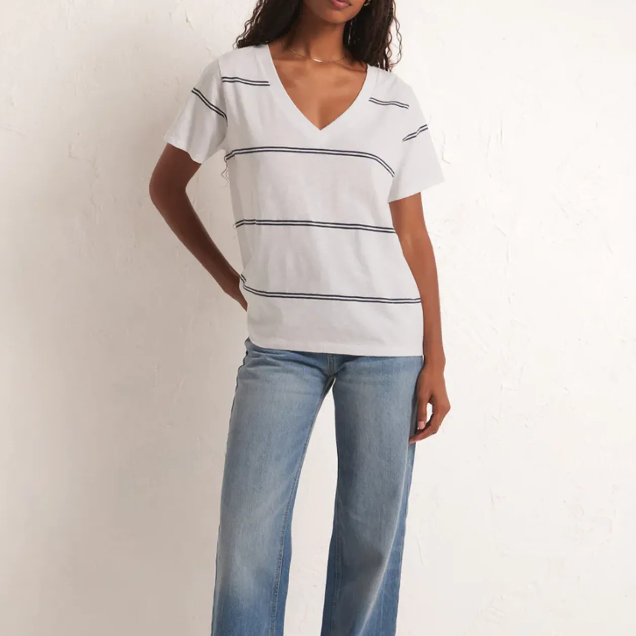 Girlfriend Twin Stripe V-Neck Tee