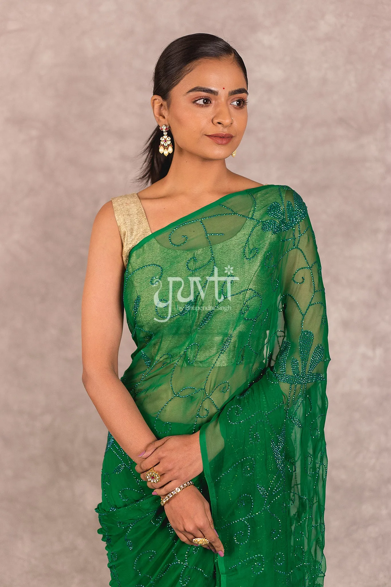 Green Viscose Chiffon Katori taari Work Saree