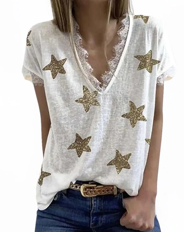 Haute Edition Women's Star Printed V-Neck Lace Trim Tee