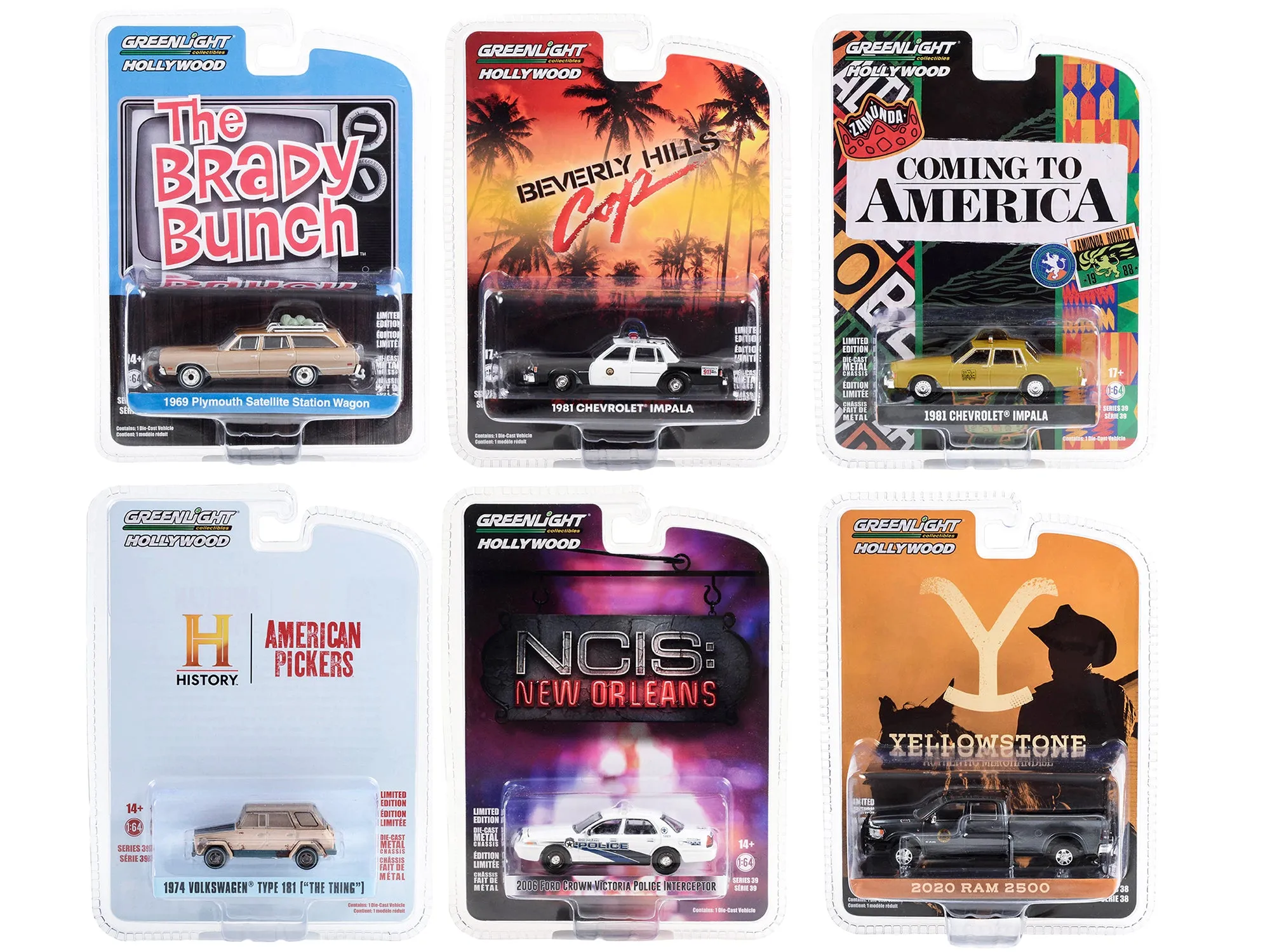 Hollywood Series Set of 6 pieces Release 39 1/64 Diecast Model Cars by Greenlight