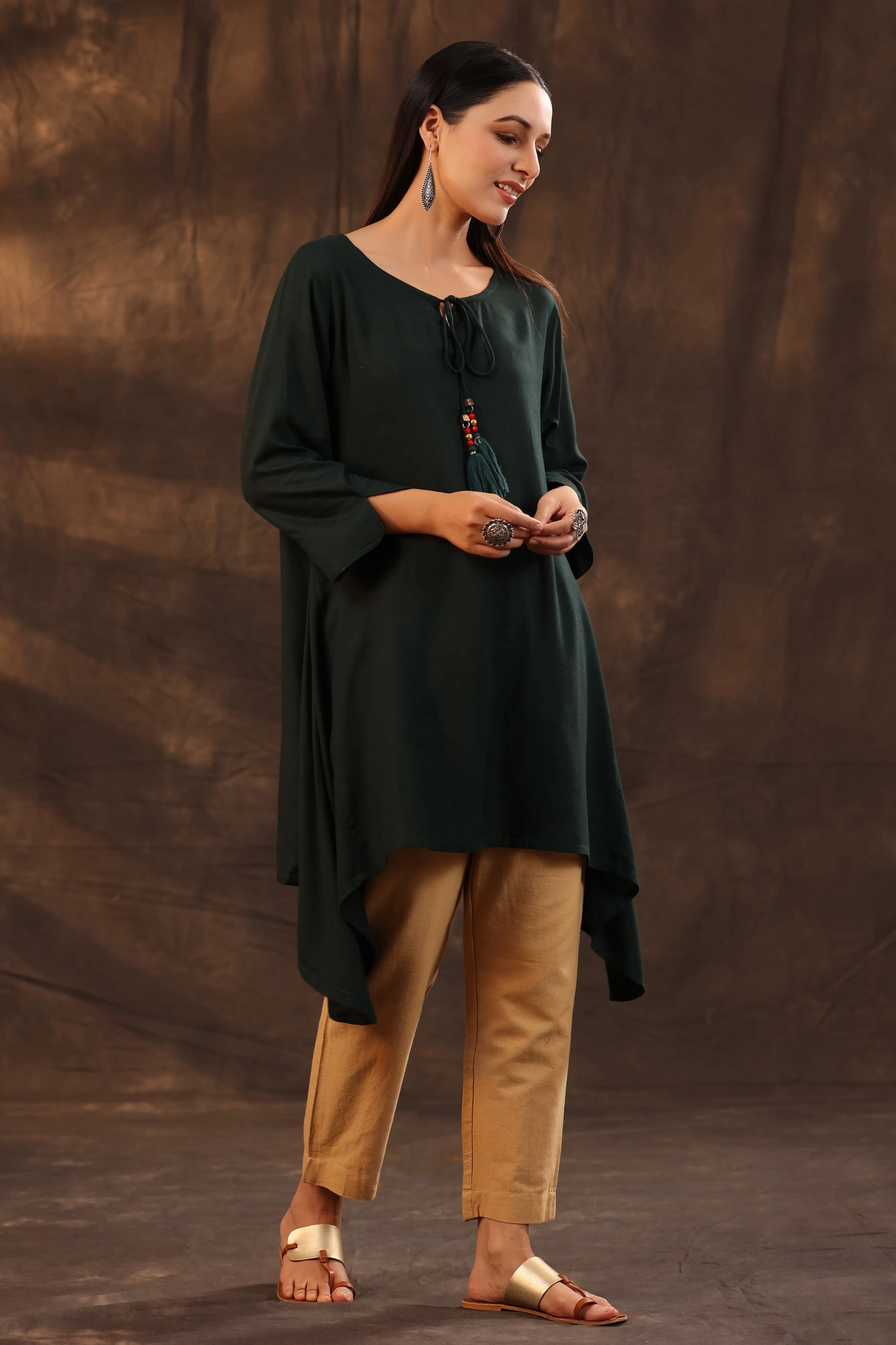 Juniper Jade Green Solid Rayon Slub Asymmetric Women Kurta With Tie-Ups