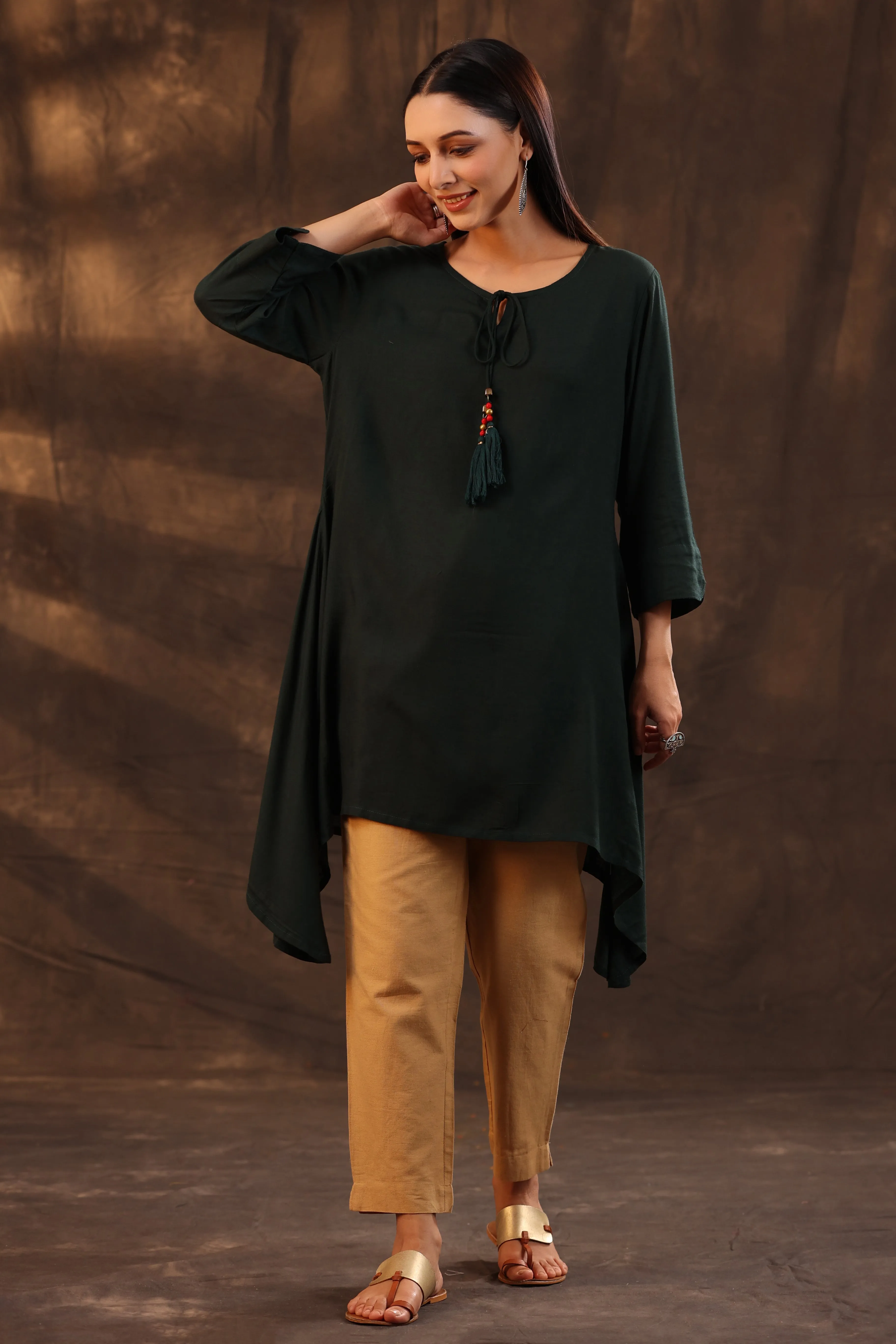 Juniper Jade Green Solid Rayon Slub Asymmetric Women Kurta With Tie-Ups