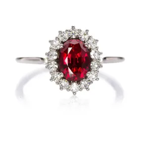 Ophelia - Oval Lab-Grown Ruby Prong Set Halo Engagement Ring