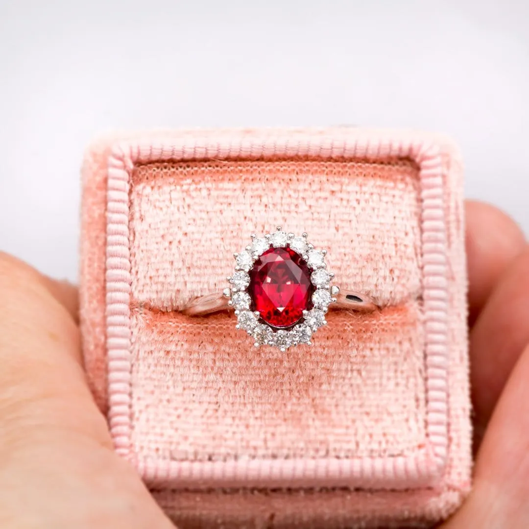 Ophelia - Oval Lab-Grown Ruby Prong Set Halo Engagement Ring