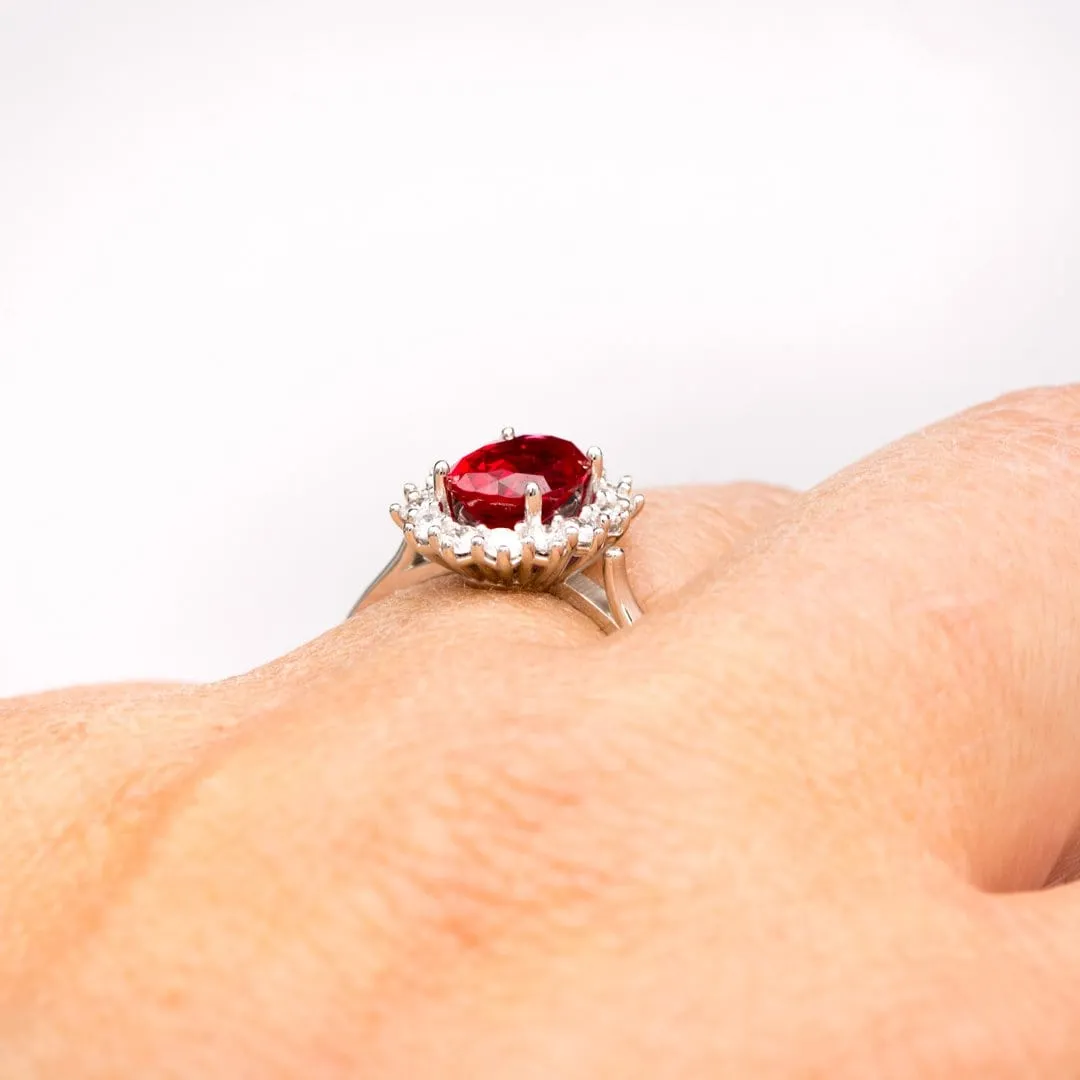 Ophelia - Oval Lab-Grown Ruby Prong Set Halo Engagement Ring