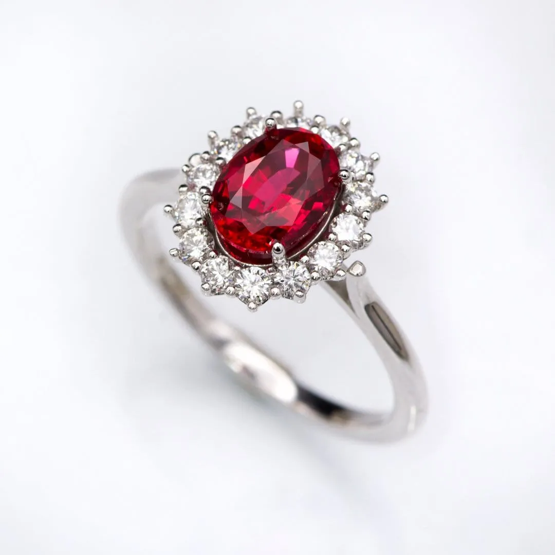 Ophelia - Oval Lab-Grown Ruby Prong Set Halo Engagement Ring