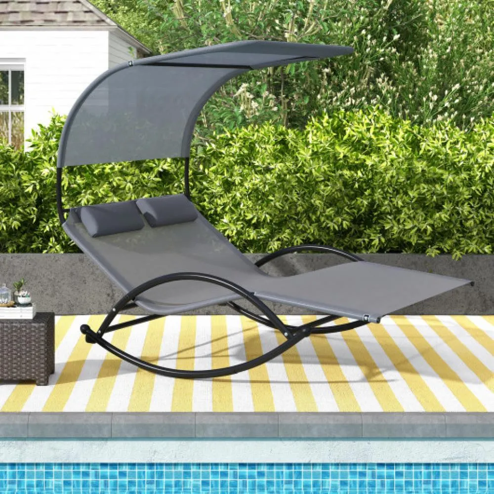 Outdoor Dual Rocker Sunbed 2-Person Canopied Patio Lounger with Detachable Headrests-Gray