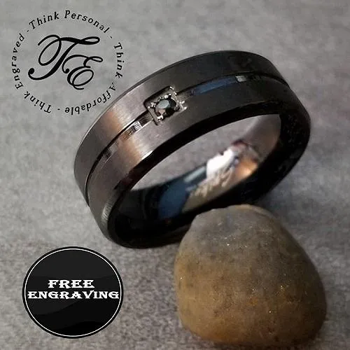 Personalized Men's Wedding Band - Beveled, Grooved Black Gem Stainless Steel