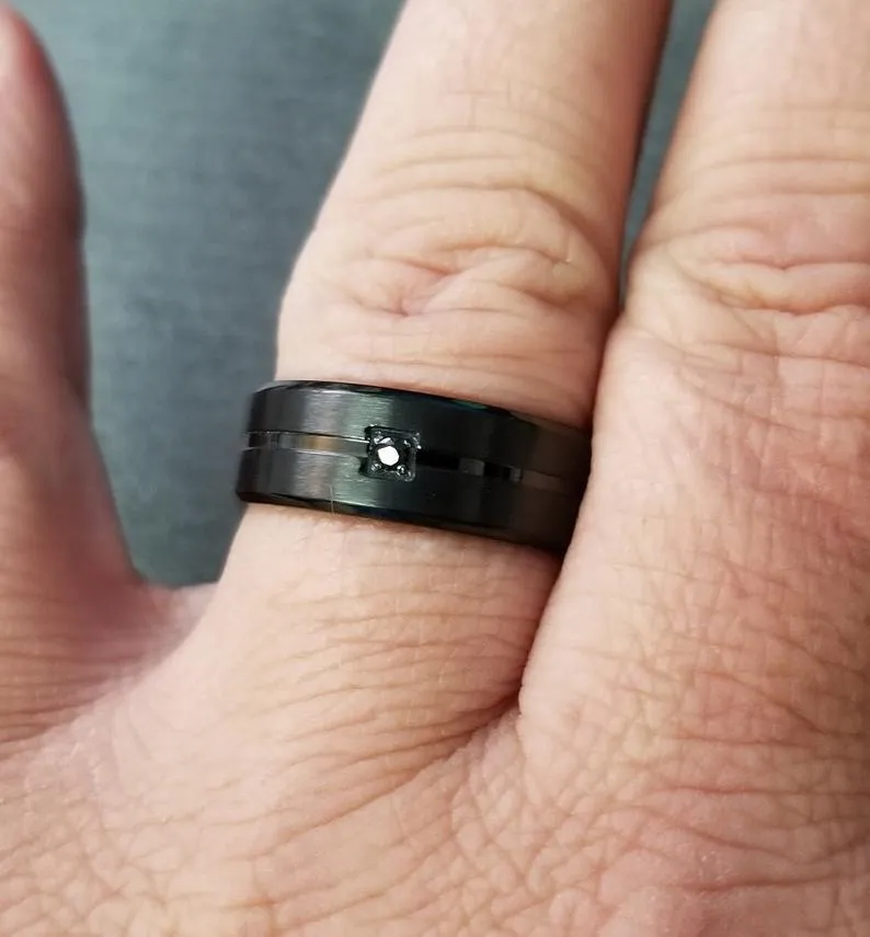 Personalized Men's Wedding Band - Beveled, Grooved Black Gem Stainless Steel