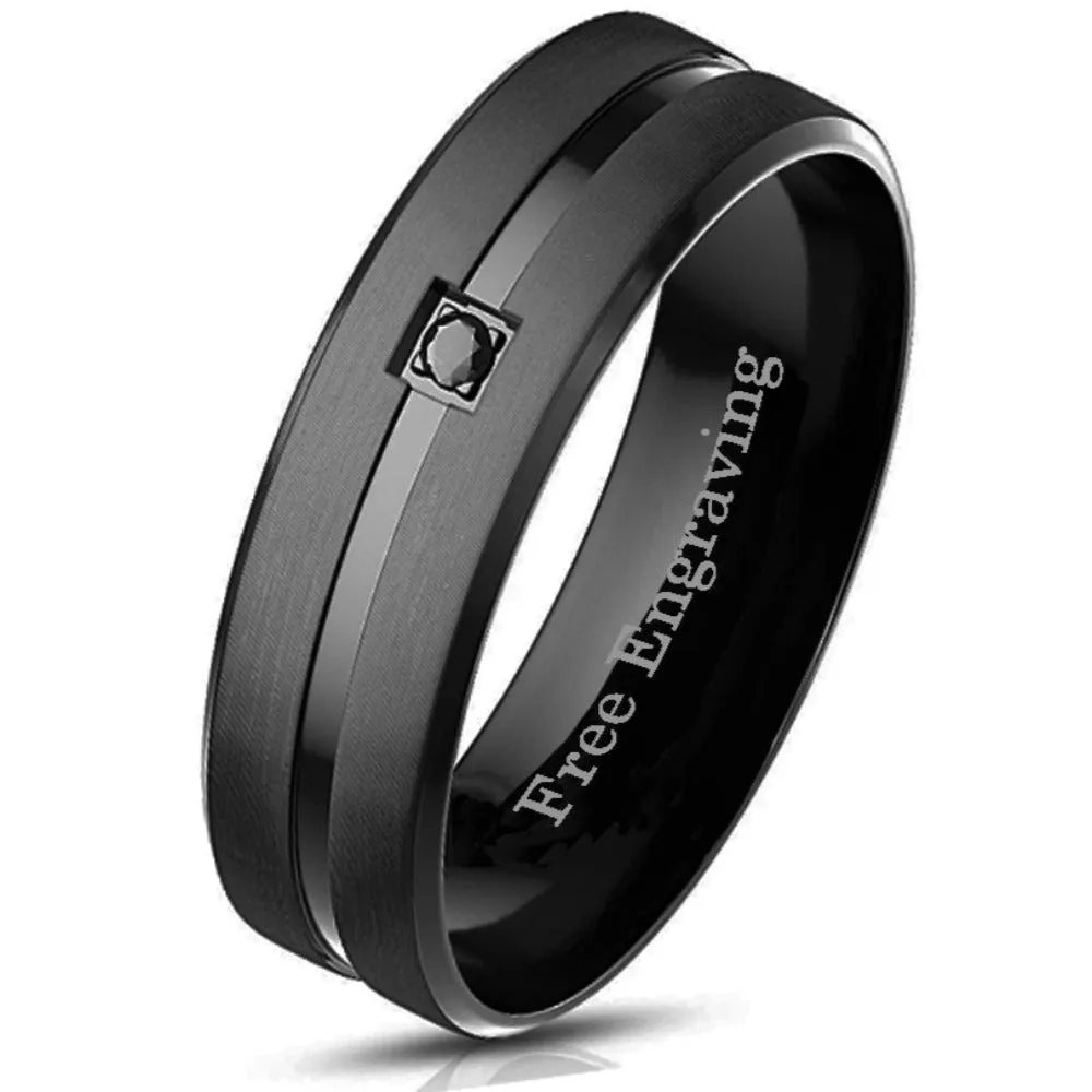 Personalized Men's Wedding Band - Beveled, Grooved Black Gem Stainless Steel