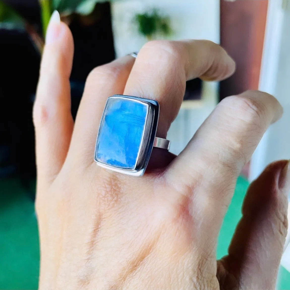 Rectangle Rainbow moonstone ring