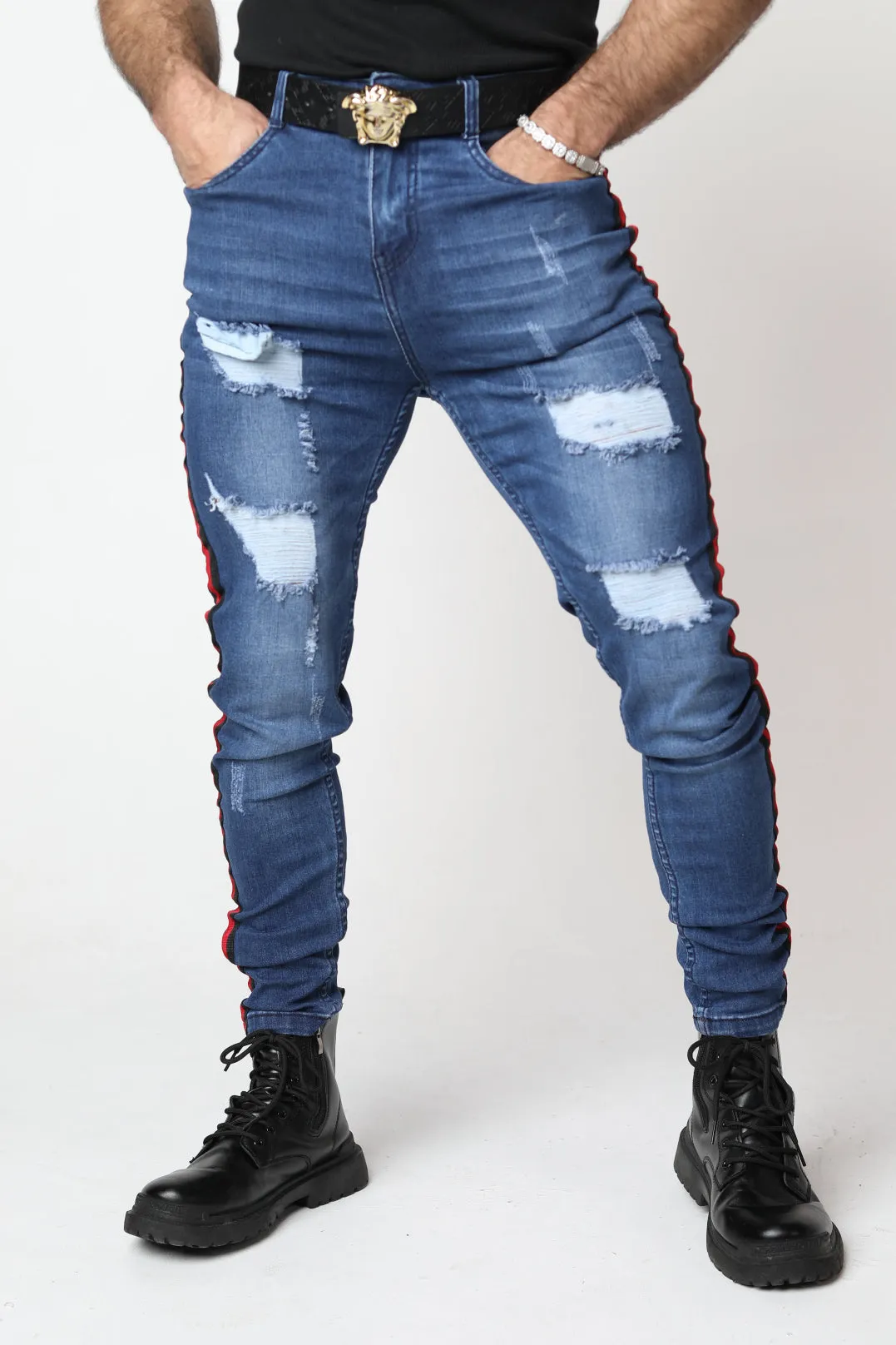 Red Striped Blue Skinny Fit Jeans