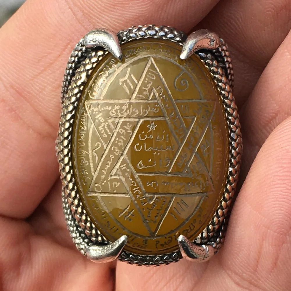 Ring 925 Sterling Silver Seal of Solomon Hand-engraved yellow Agate natural gemstone Unique Islamic Talisman Amulet