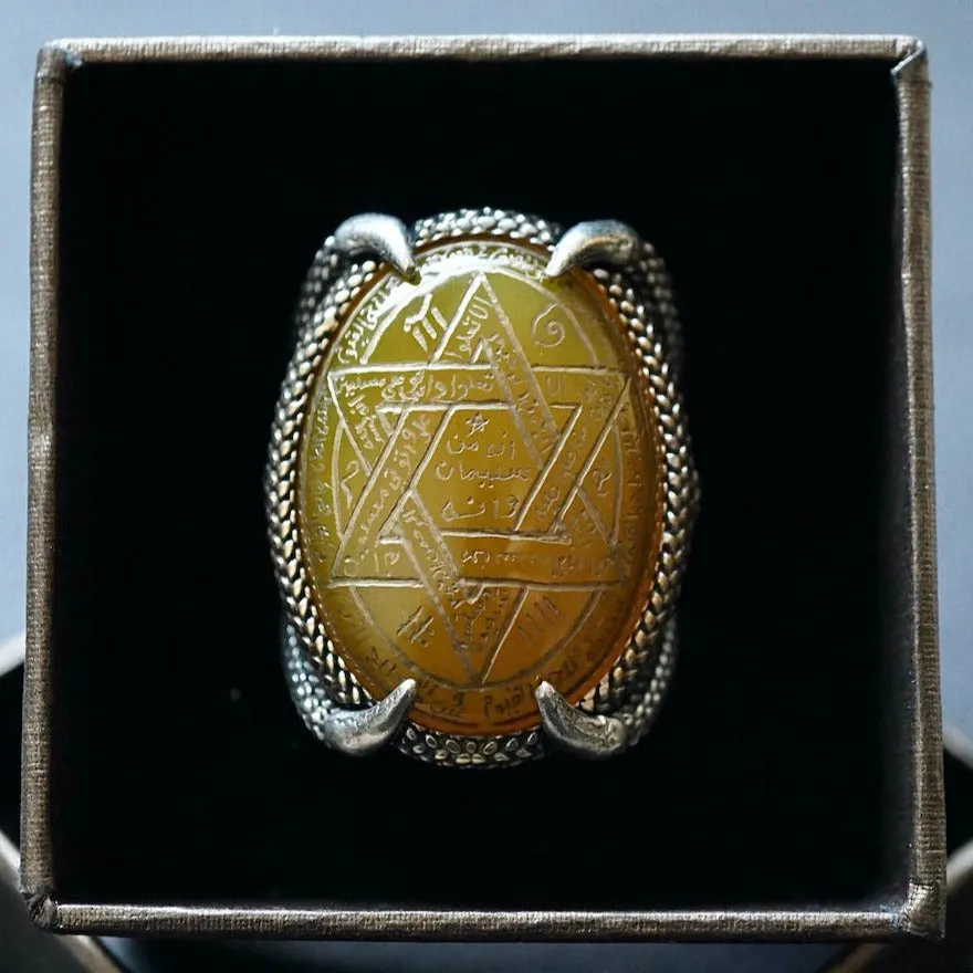 Ring 925 Sterling Silver Seal of Solomon Hand-engraved yellow Agate natural gemstone Unique Islamic Talisman Amulet