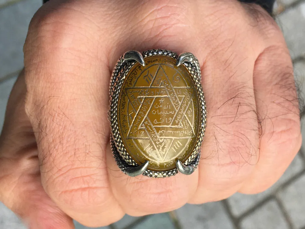 Ring 925 Sterling Silver Seal of Solomon Hand-engraved yellow Agate natural gemstone Unique Islamic Talisman Amulet