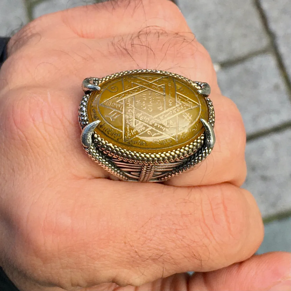 Ring 925 Sterling Silver Seal of Solomon Hand-engraved yellow Agate natural gemstone Unique Islamic Talisman Amulet