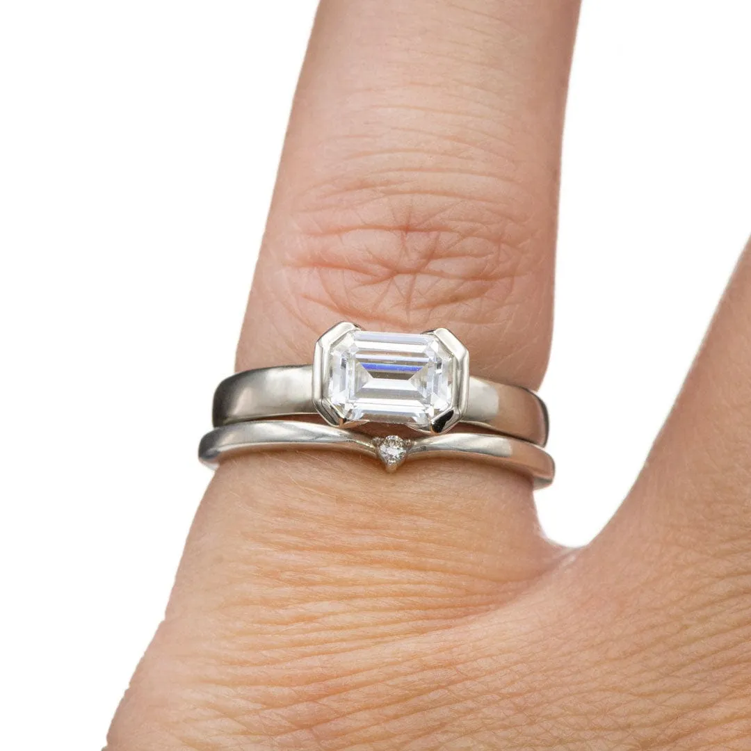 Sideways Emerald Cut Moissanite Ring Half Bezel Halley Solitaire Engagement Ring