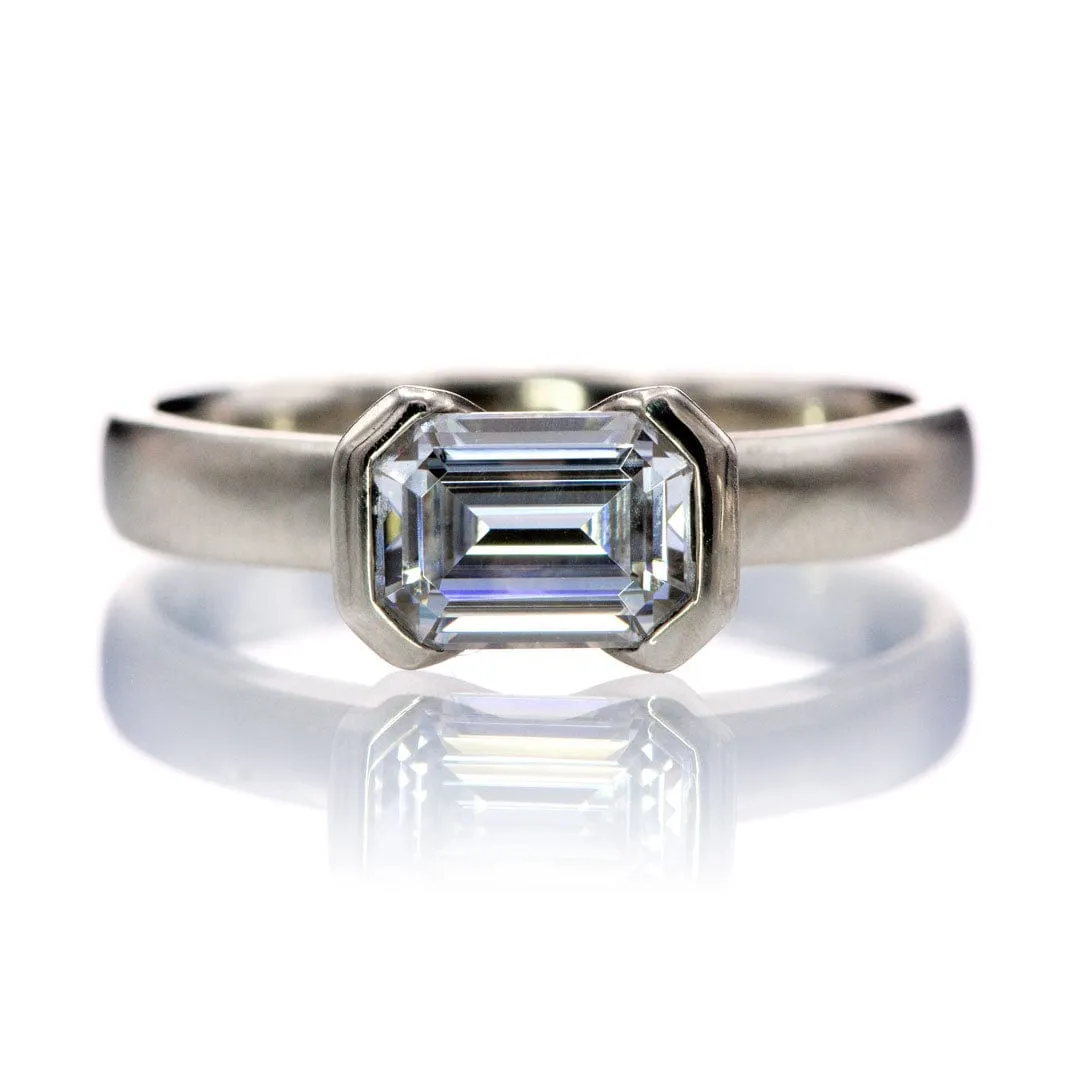 Sideways Emerald Cut Moissanite Ring Half Bezel Halley Solitaire Engagement Ring