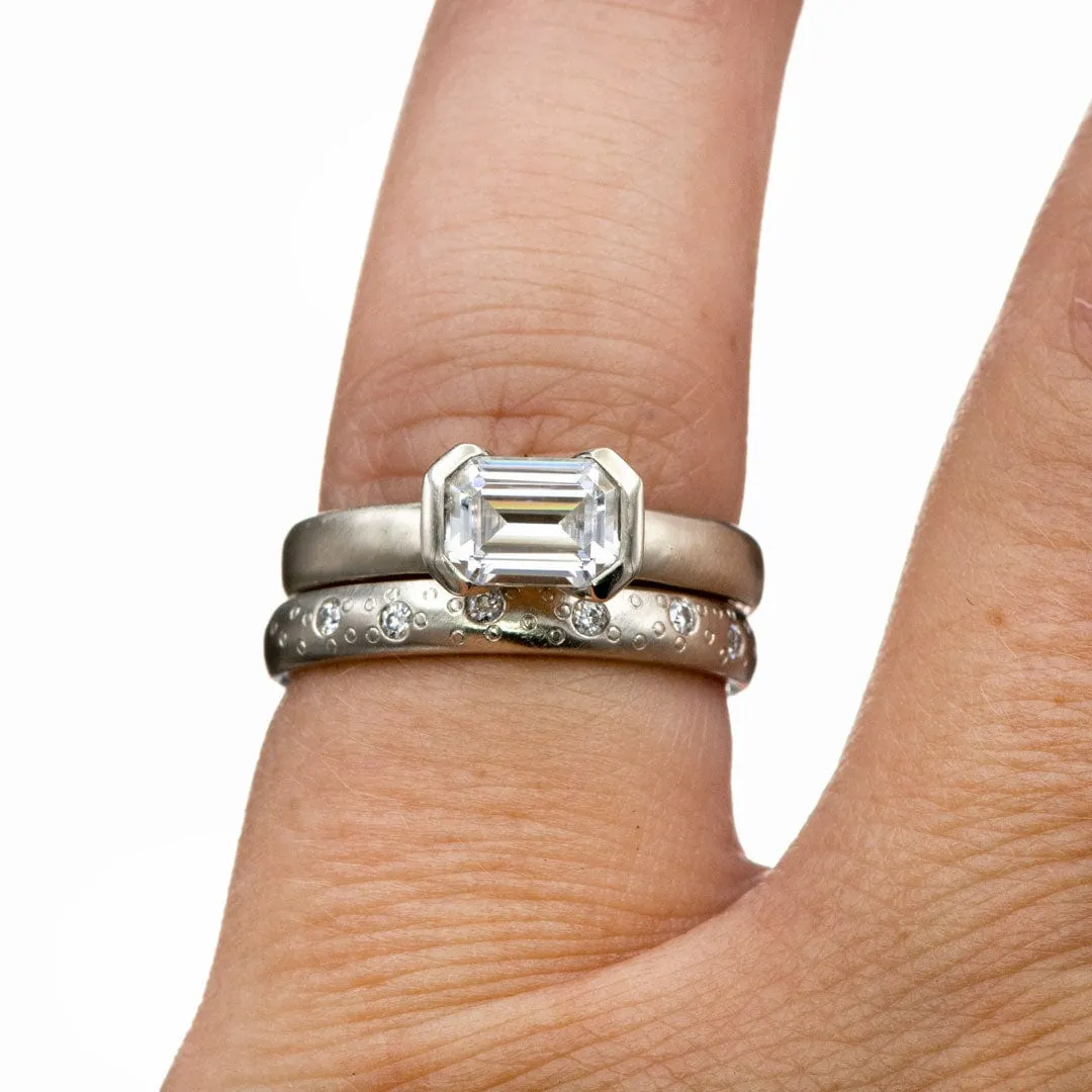 Sideways Emerald Cut Moissanite Ring Half Bezel Halley Solitaire Engagement Ring