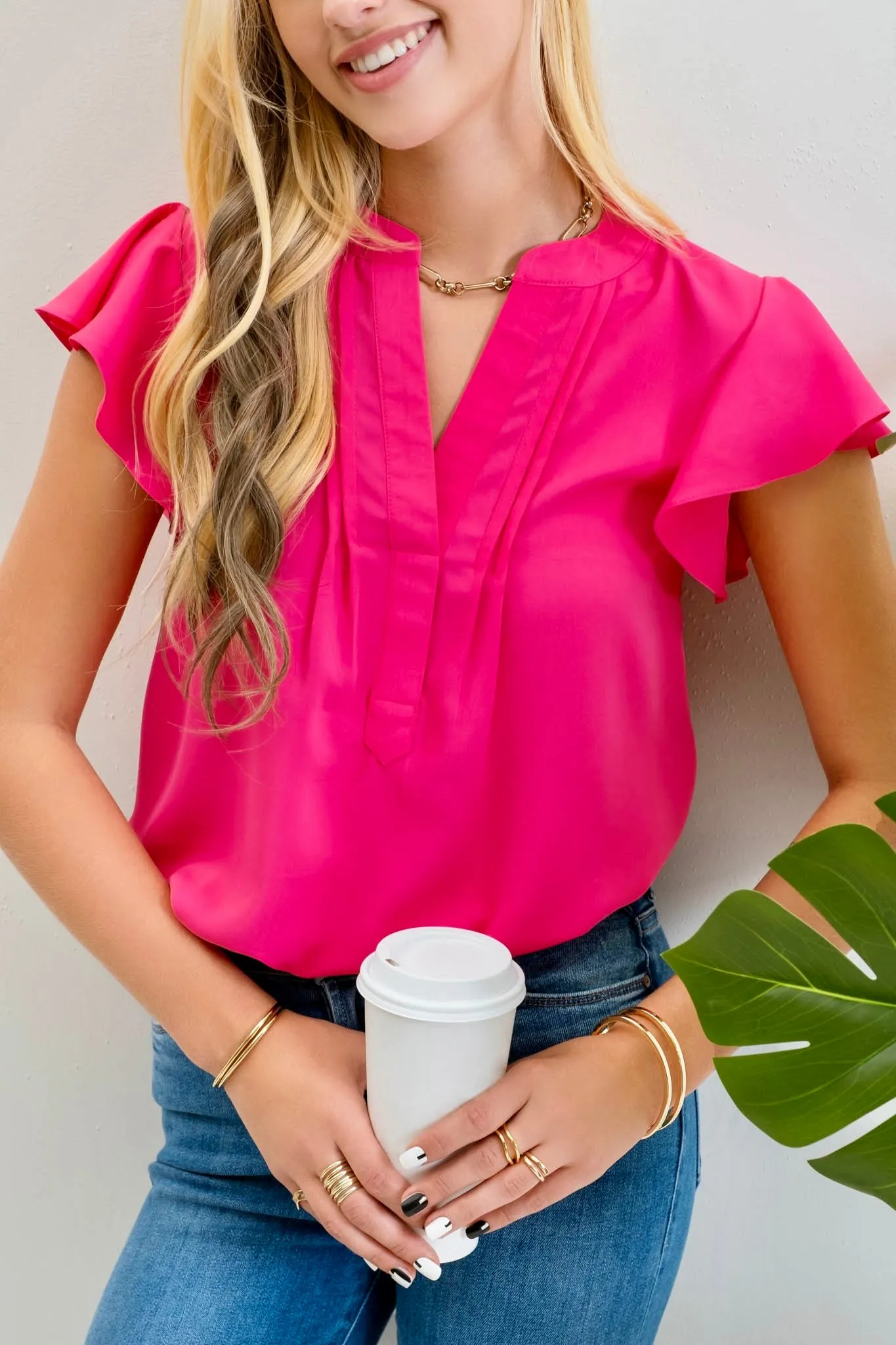 Solid Flutter Sleeve Woven Top- Fuchsia