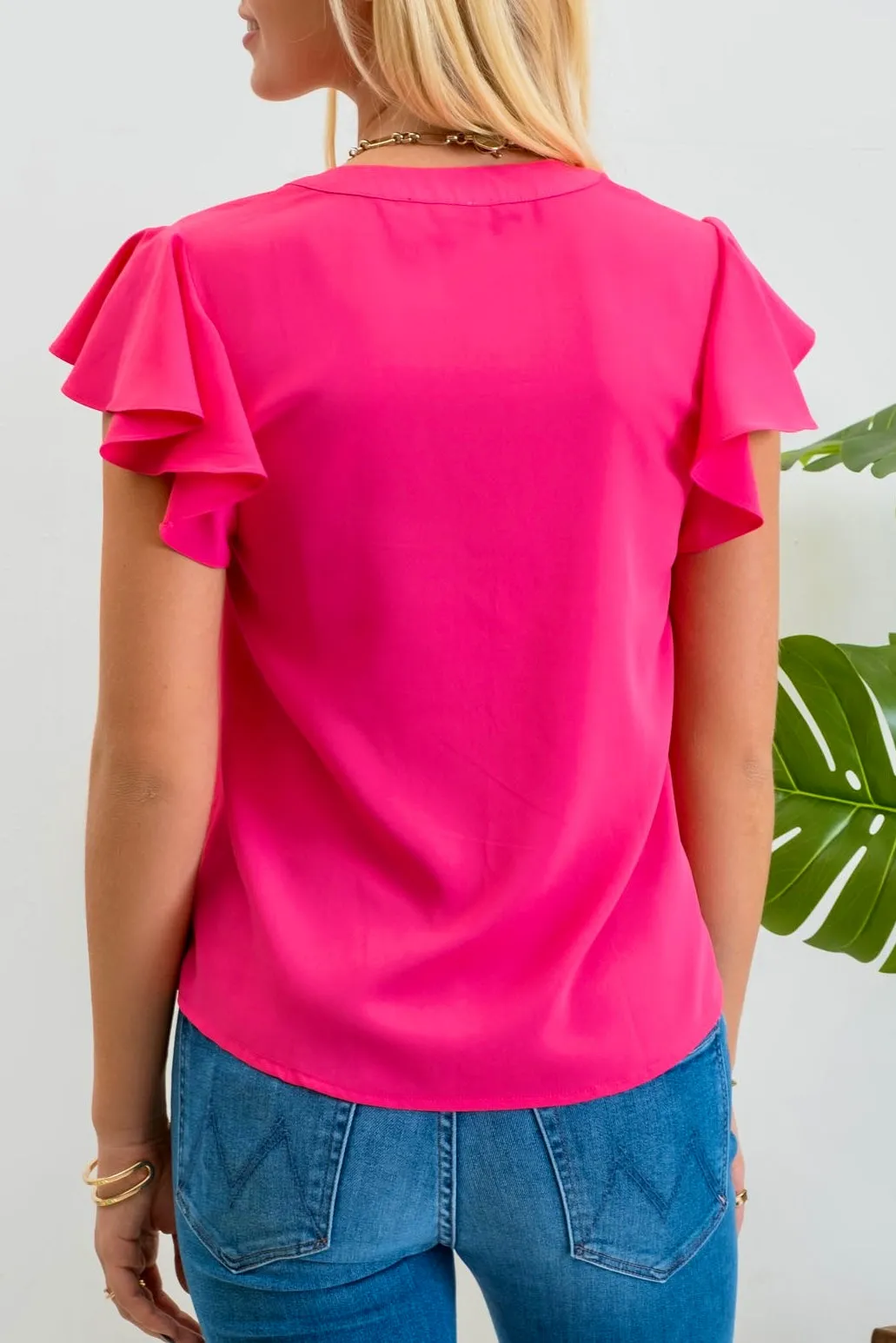 Solid Flutter Sleeve Woven Top- Fuchsia