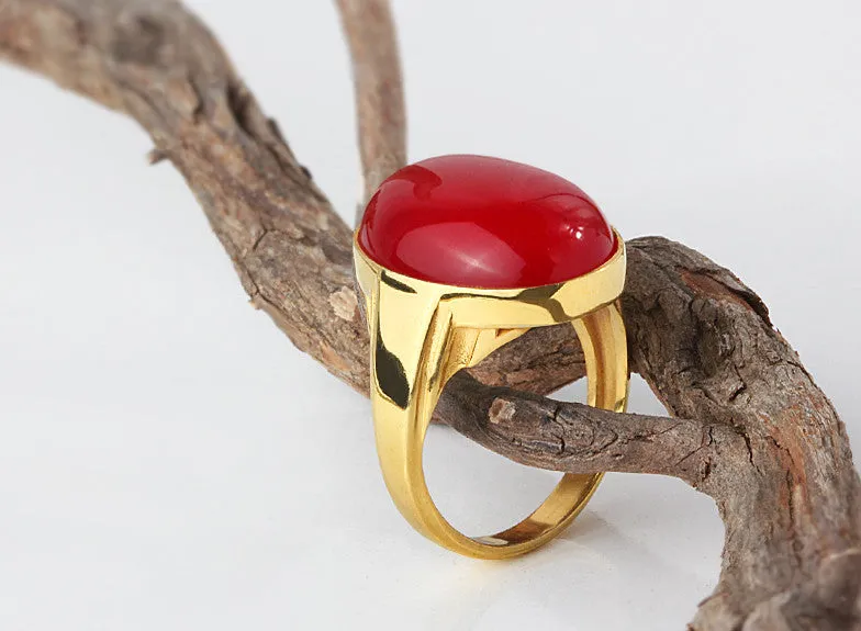 Statement Men's Ring in 10k Yellow Gold with Natural Red Agate Stone