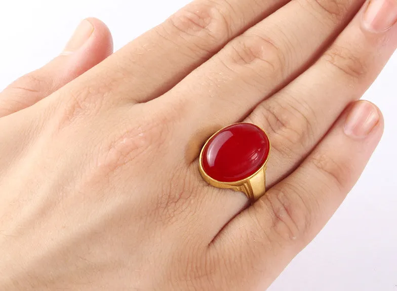 Statement Men's Ring in 10k Yellow Gold with Natural Red Agate Stone